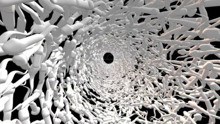 Túnel 3D de esperma sobre fondo negro. Ilustración de stock con concepto de fertilización.