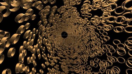 3D surreal illustration. Sacred geometry. Mysterious psychedelic relaxation pattern. Fractal abstract texture. Digital artwork graphic 3D gold rings.