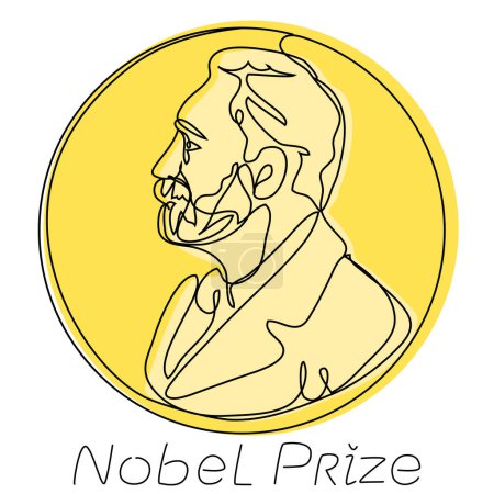 Téléchargez les illustrations : Prix Nobel en une ligne avec une silhouette dorée. Réalisations honorables dans le domaine des réalisations scientifiques. Illustration vectorielle éditoriale portrait d'Alfred Nobel. - en licence libre de droit