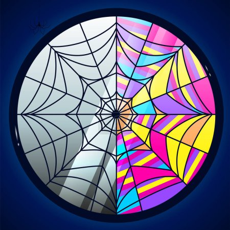 Buntglasfenster in Form eines Netzes mit geteilten Hälften. Das Konzept von Gut und Böse. Grau und mehrfarbig Fenster mit Regenbogen-Mosaik. Aktienvektorillustration mit mystischer Stimmung.