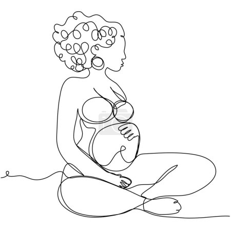 Illustration for A pregnant girl with curls sits in a lotus position in one line on a white background. A woman strokes her belly and expects a baby in a calm atmosphere. Stock vector illustration with editable stroke - Royalty Free Image