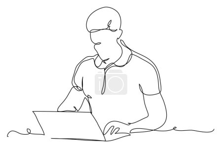 Illustration for The guy works at the laptop in one line on a white background. Stock vector illustration of a busy freelancer. Business and study concept. - Royalty Free Image