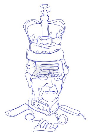 Illustration for King Charles III wearing a single line crown on a white background.. Abstract vector portrait of a noble person. Illustrative editorial. London. Great Britain. 04.14.2023 - Royalty Free Image