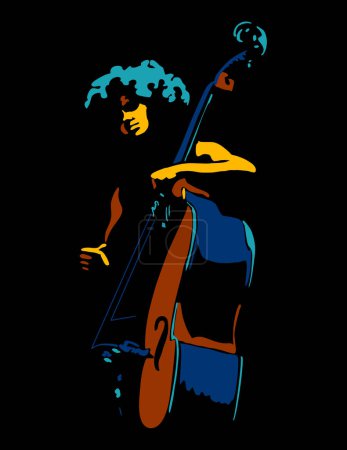 Female musician playing cello. Line art, vector illustration on black background.