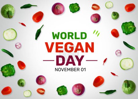 Téléchargez les photos : Papier peint Journée mondiale végétalienne avec des légumes autour de la typographie. Journée internationale des végétaliens, fond - en image libre de droit
