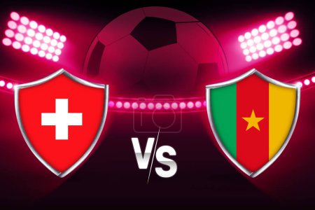 Foto de Suiza vs Camerún partido de fútbol en el estadio de luces brillantes con versus texto. Fondo del partido de fútbol - Imagen libre de derechos