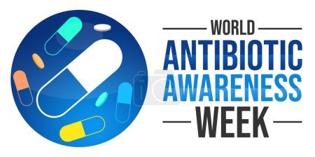 Foto de World Antibiotic Awareness Week Fondo de pantalla Diseño con tabletas y tipografía en el lateral. Información sobre la semana de conocimiento de antibióticos - Imagen libre de derechos