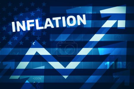 Téléchargez les photos : Augmentation de l'inflation en Amérique avec le drapeau des États-Unis et les flèches bleues croissantes. Prix élevés aux États-Unis d'Amérique concept background. - en image libre de droit