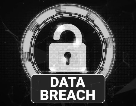 Data breach black and white security background with glowing opened lock symbol. Data breaching concept technology backdrop