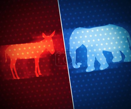 Demokraten gegen Republikaner Parteikonzept Hintergrund mit rotem Esel und Elefant in blauer Farbe. Konzeptkulisse amerikanischer Parteien.