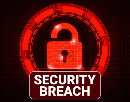 Security Breach Hintergrund mit rotem geöffnetem Schloss und futuristischem Tech-Konzept. Moderne Sicherheitslücke.