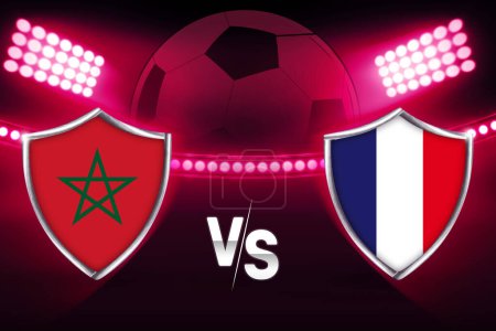 Foto de Marruecos vs Francia Fondo concepto de campeonato de fútbol con luces y banderas del estadio. - Imagen libre de derechos