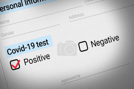 Photo for Covid-19 test report, positive tick mark background. Medical form of covid test report with red tick sign on it. - Royalty Free Image
