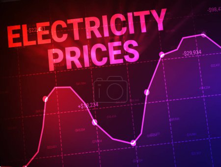 Foto de Electricidad Los precios aumentan el gráfico rojo con tipografía y luces brillantes. Precios de la electricidad de fondo. - Imagen libre de derechos