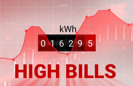 Photo for High bills background with electricity meter and red graph going up with numbers. Electricity high bills concept backdrop. - Royalty Free Image