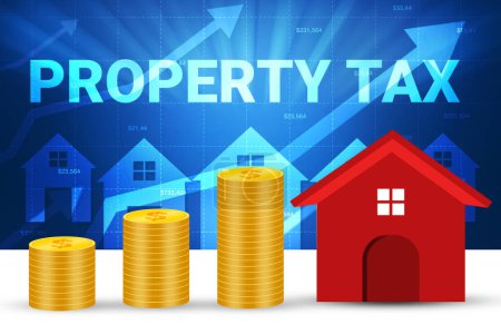 Photo for Property Tax concept background with coins, house and glowing typography. Increase of taxes in real estate, backdrop. - Royalty Free Image