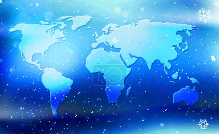 Foto de Clima frío con vientos nevados y nieve cayendo sobre el fondo del mapa mundial. Fondo de concepto de cambio climático en colores azules de invierno - Imagen libre de derechos