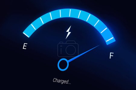 Foto de Moderna pantalla de carga del vehículo eléctrico con luz azul brillante y aguja. - Imagen libre de derechos