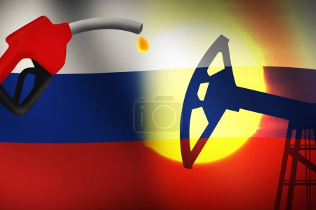 Photo for Russian Crude Oil and fuel concept background with waving flag, nozzle and industrial scene. Modern oil concept backdrop - Royalty Free Image