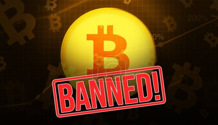 Photo for Banning Cryptocurrency concept background with Banned sign and glowing golden coin in the backdrop. Crypto ban backdrop - Royalty Free Image