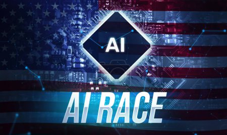 Téléchargez les photos : Course d'intelligence artificielle avec un drapeau américain et une puce AI au centre. La course aux technologies modernes et les États-Unis en toile de fond - en image libre de droit