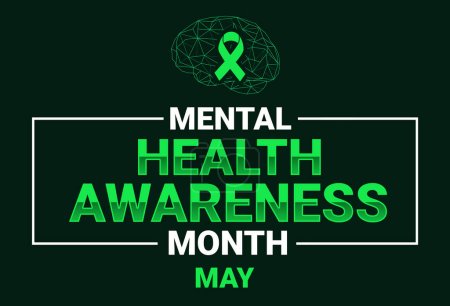 Mental health awareness month wallpaper with green ribbon and brain wireframe design. Awareness of mental health in may concept design typography
