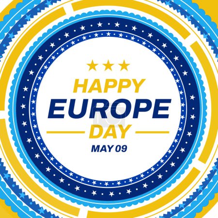 Téléchargez les photos : Happy Europe Day fond design avec des étoiles et la typographie dans le centre. Conception de papier peint journée de l'Europe avec des conceptions et des formes rotatives - en image libre de droit