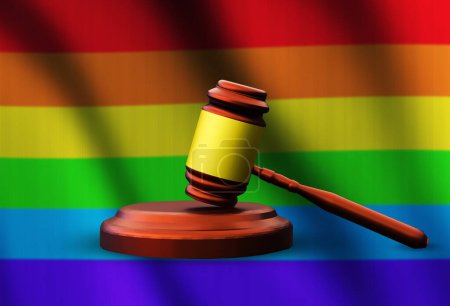 Téléchargez les photos : Drapeau LGBTQ avec symbole de justice rendu en 3D marteau et drapeau agitant dans le contexte. Contexte du concept judiciaire et LGBTQ - en image libre de droit