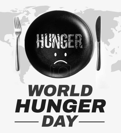 Photo for World Hungred Day wallpaper with sad plate and typography. Hungry day backdrop concept design - Royalty Free Image