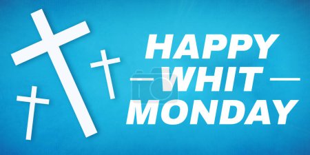 Téléchargez les photos : Bannière de fond Happy Whit Monday avec croix et typographie sur le côté - en image libre de droit