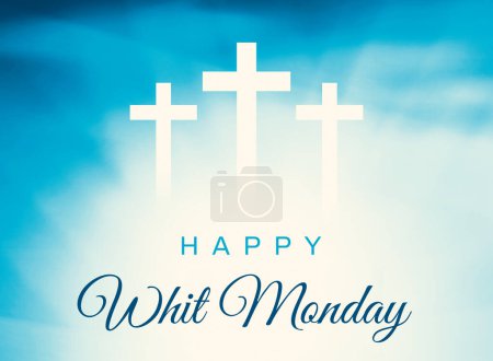 Téléchargez les photos : Happy Whit Monday fond religieux avec des formes blanches et la typographie bleue. Whit Monday concept toile de fond - en image libre de droit