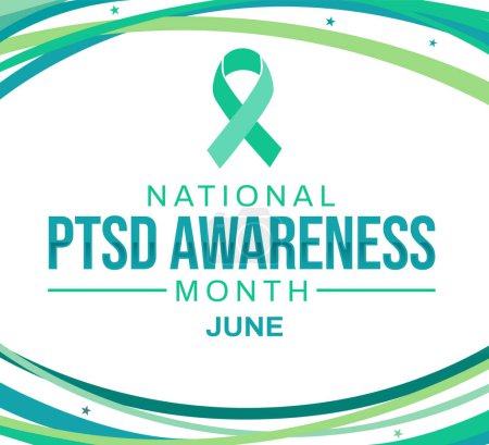 National PTSD Awareness Month wallpaper with green ribbon and typography. June is PTSD awareness month, backdrop