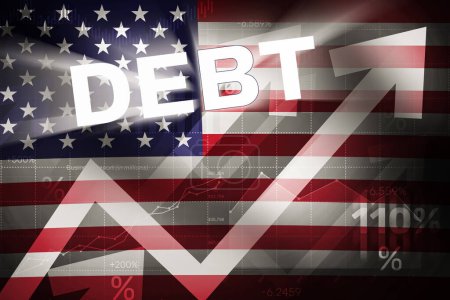 Foto de Fondo de concepto de deuda creciente de Estados Unidos de América con flechas en alto y ondeando bandera en el telón de fondo - Imagen libre de derechos