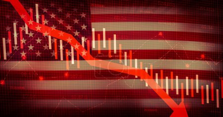 Fondo de concepto de caída del mercado de los Estados Unidos de América con gráfico alarmante rojo y flecha cayendo. Fondo de concepto de caída del mercado de valores de EE.UU.