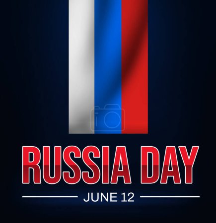Foto de 12 de junio es el día de Rusia, ondeando el fondo de la bandera con tipografía roja debajo de ella - Imagen libre de derechos