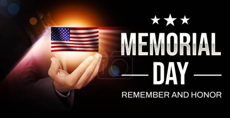 Foto de Memorial Day, recuerda y honra el papel pintado patriótico con una bandera estadounidense en una palma brillante. Fondo de día patriótico de los Estados Unidos de América - Imagen libre de derechos