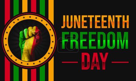 Juneteenth Freedom Day Hintergrund mit farbenfroher Typografie und zufälligen Formen Design. Moderner Hintergrund