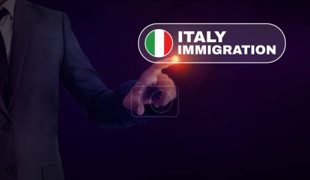 Photo for Immigration to Italy concept background with a man touching the screen and flag. Italy immigration backdrop - Royalty Free Image