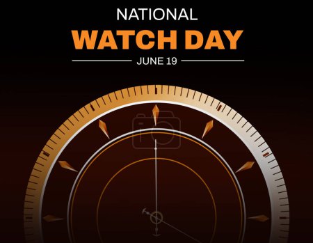 Téléchargez les photos : Journée nationale de la montre fond avec cadran de la montre et la typographie vers le haut. Juin 19 est Journée nationale de la montre, conception de toile de fond - en image libre de droit