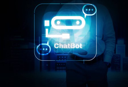 Photo for Online Chatbot background with man touching glowing sign of ai tool. Futuristic chatbot concept backdrop - Royalty Free Image