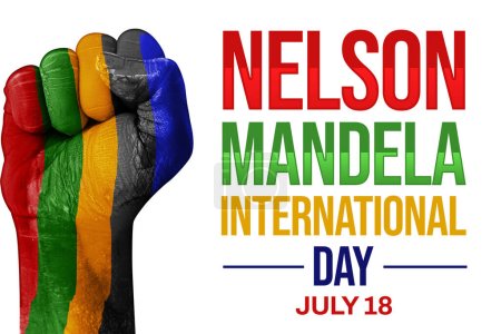 Téléchargez les photos : Nelson Mandela Journée internationale fond avec poing coloré et tyopgraphie sur le côté. Peint à la main avec des couleurs drapeau sud-africain - en image libre de droit