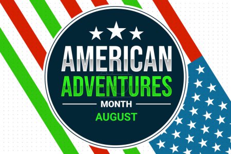 Foto de Agosto es el mes de American Adventures, diseño de fondo con bandera y tipografía. Aventura exterior en Estados Unidos Concepto telón de fondo - Imagen libre de derechos
