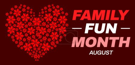 Téléchargez les photos : Family Fun Month fond avec des fleurs en forme de cœur avec typographie sur le côté. Août est un mois pour célébrer le plaisir de la famille, la conception de toile de fond - en image libre de droit