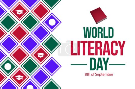 Téléchargez les photos : Septembre 8 est la journée mondiale de l'alphabétisation, conception de fond avec le livre et la typographie sous elle - en image libre de droit