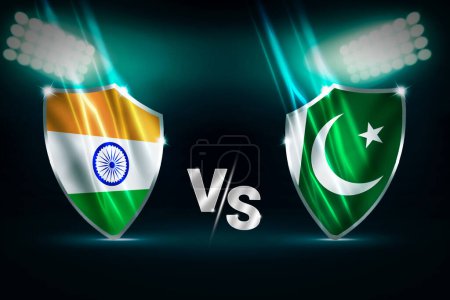 India vs Pakistán emocionante juego de cricket fondo concepto con luces brillantes y banderas de ambos países dentro del escudo. Fondo del concepto de rivalidad deportiva