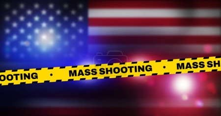 Photo for Mass Shooting in the United States of America, background design with police lights and yellow typography on it. Increased mass shootings concept backdrop - Royalty Free Image