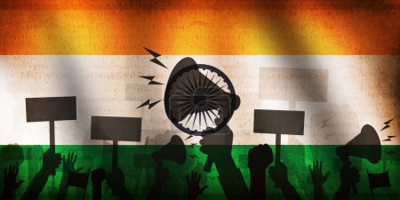 Photo for India flag waving with protesting silhouette design backdrop. Protest happening in the India concept background - Royalty Free Image