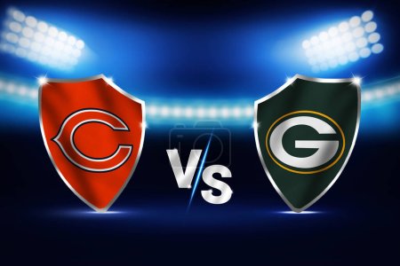 Photo for Bears Vs Packers match fixture background with stadium lights and flags, sports editorial - Royalty Free Image
