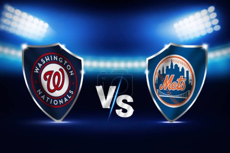 Photo for Washington Nationals Vs New York Mets MLB match fixture concept background with glowing stadium lights in the backdrop, sports editorial. - Royalty Free Image