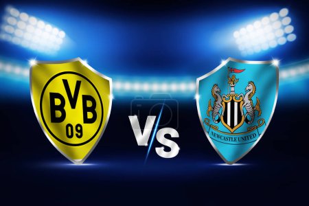 Photo for Dortmund Vs Newcastle football match championship background with glowing stadium lights, editorial - Royalty Free Image